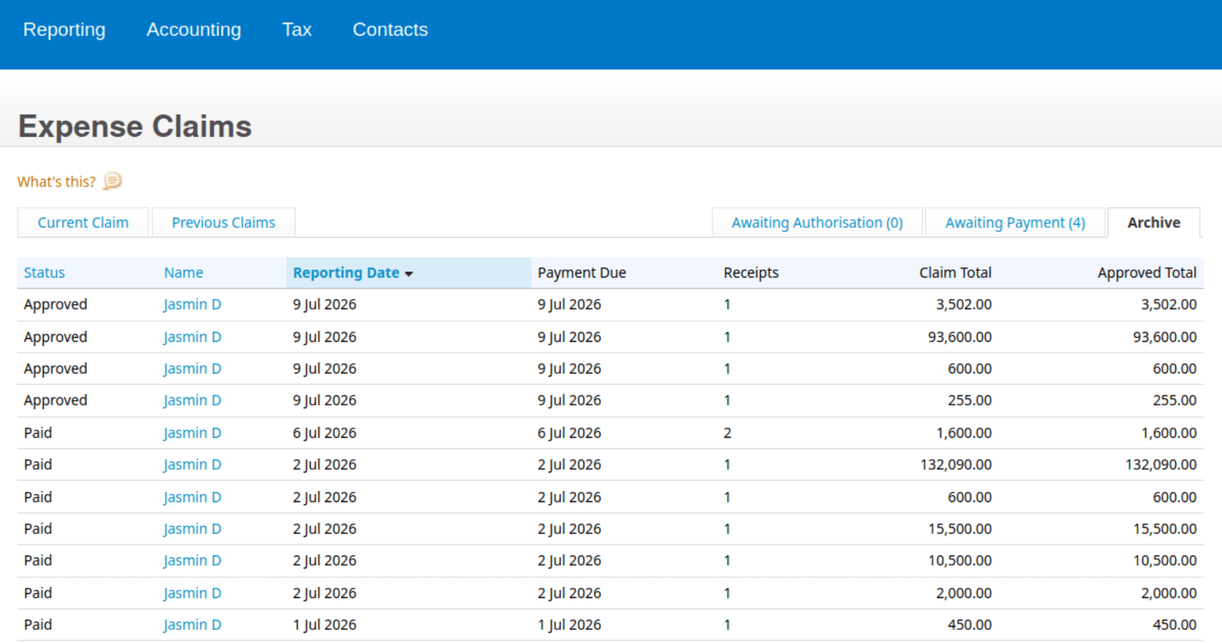Xero expense claims report showing approved and paid claims